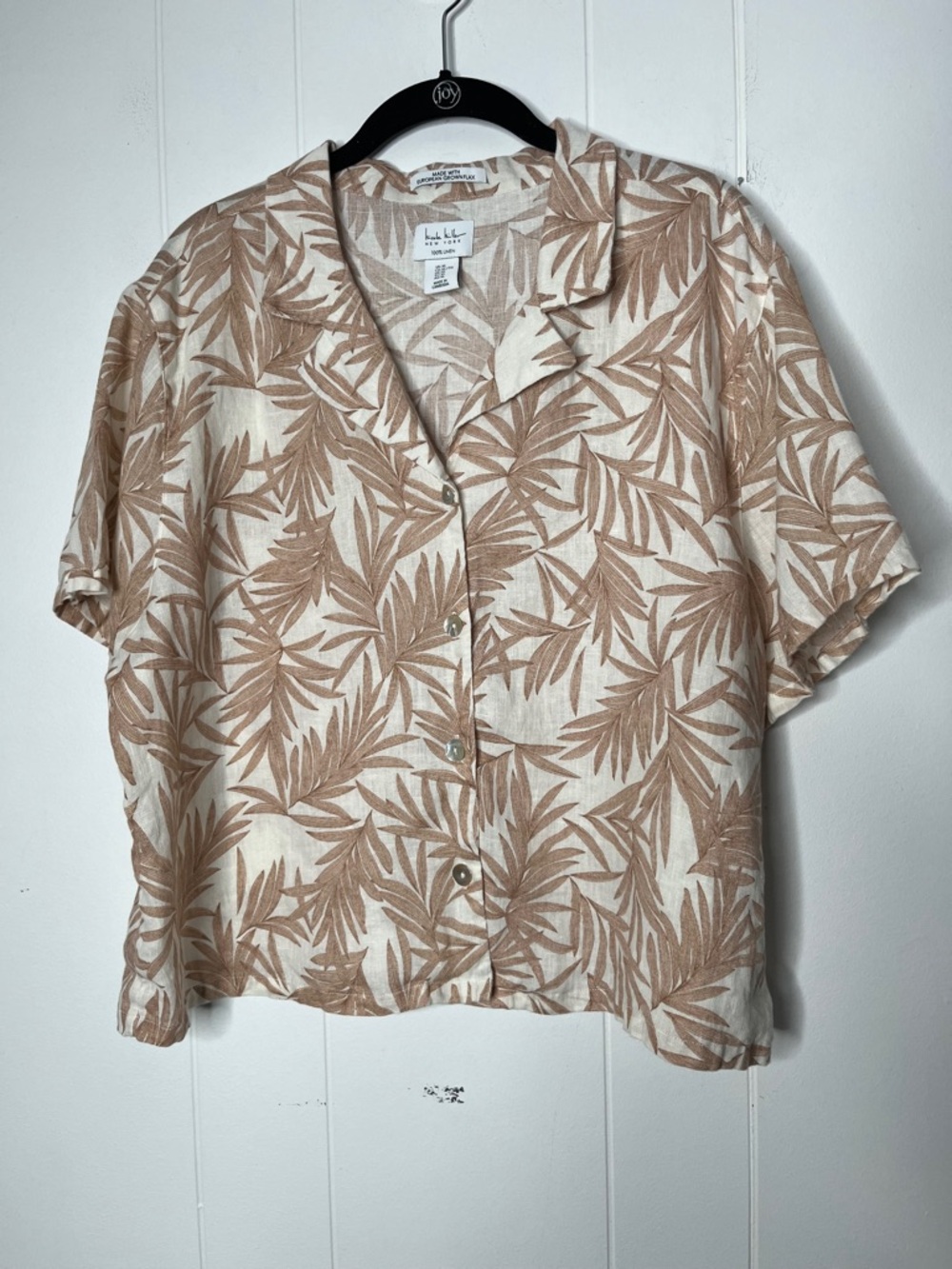 Nicole Miller 100% Linen Button Front Tropical Print Shirt Cropped Size XL
